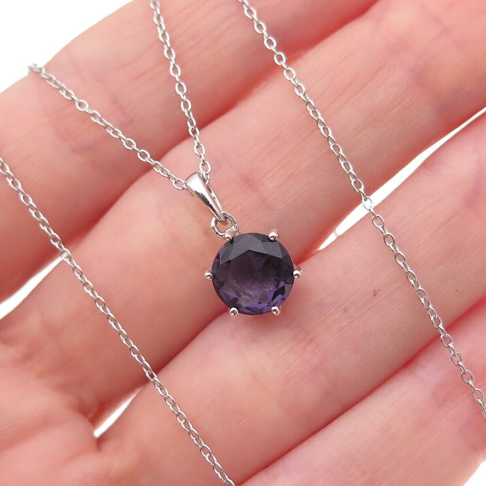 925 Sterling Silver Round-Cut Purple C Z Cable Chain Necklace 18"